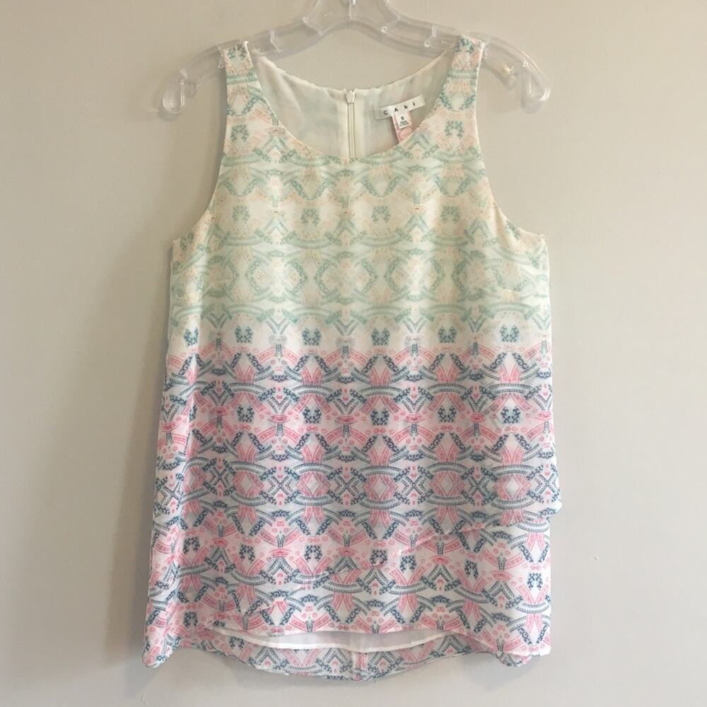 CAbi Pink Green Navy Blue Mosaic Crewneck Layered Sleeveless Blouse Size Small
